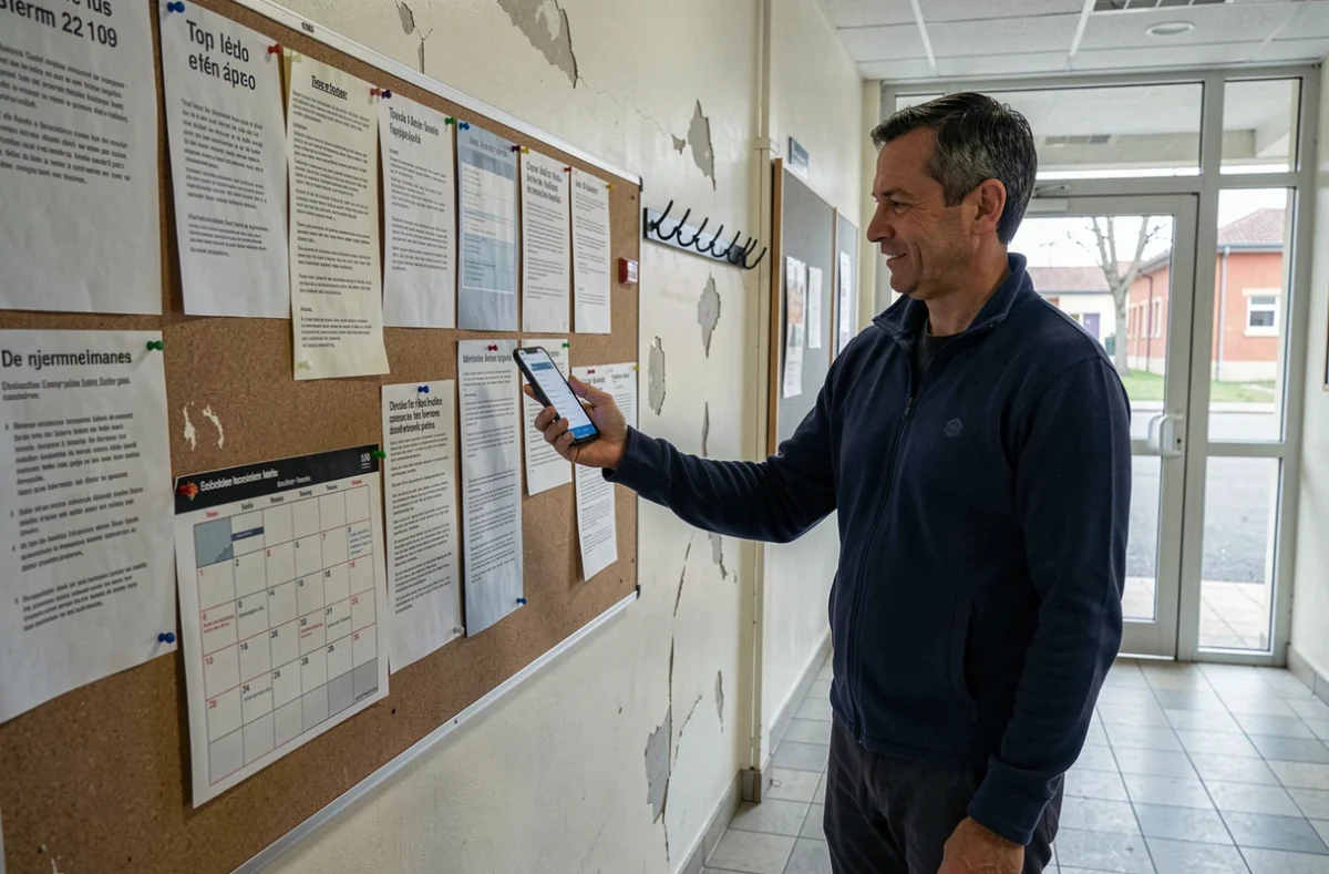 Un accompagnant d'élèves en situation de handicap consulte un calendrier scolaire et une application de paie dans le couloir d'une école pendant les vacances, pour comprendre l'impact sur sa rémunération de 24 heures.