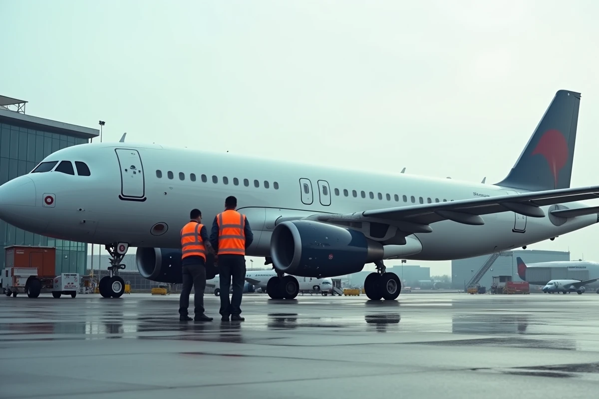 Avion Airbus A320 sur le tarmac d'un aéroport européen avec équipe au sol en gilets haute visibilité