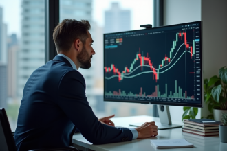 Homme d'affaires en costume bleu analyse graphique boursier