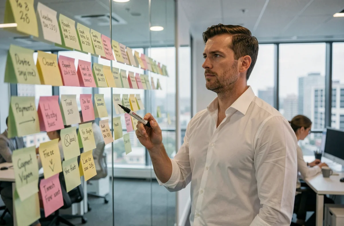 Analyste financier debout devant un calendrier mural d'échéances comptables avec des notes adhésives dans un open space moderne