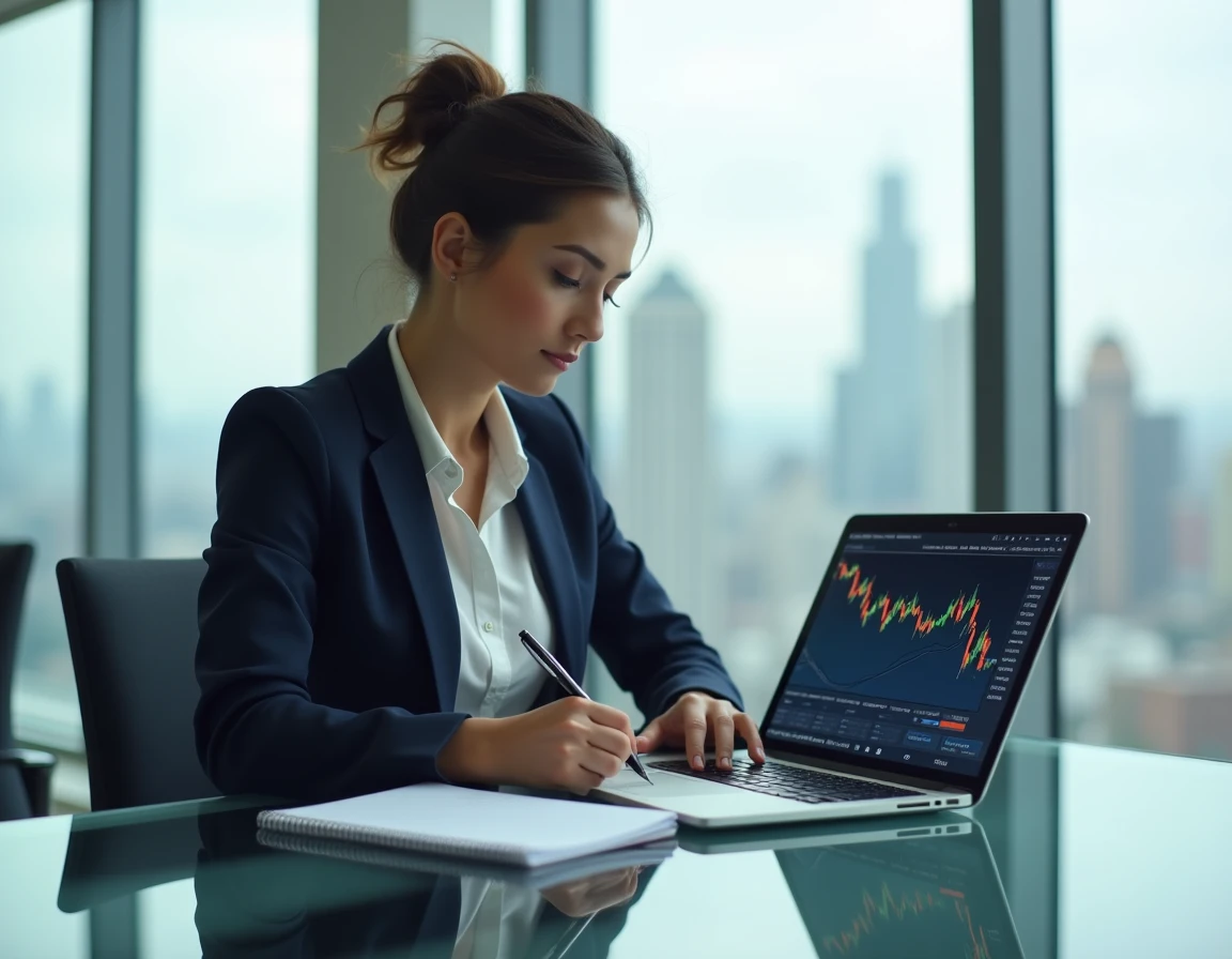 Femme analyste prenant des notes sur l'évolution boursière d'une société de financement lors d'une réunion de stratégie d'investissement