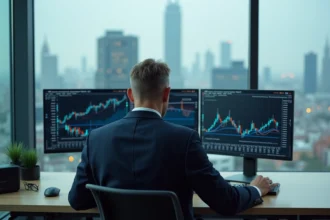Analyste financier étudiant les actions industrielles européennes et le cours d'Airbus sur des écrans de trading