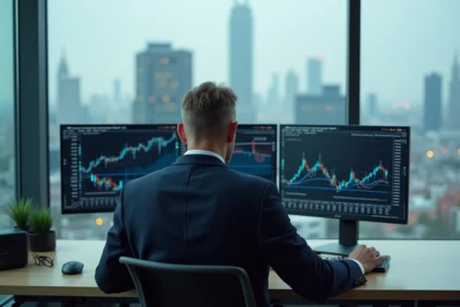 Analyste financier étudiant les actions industrielles européennes et le cours d'Airbus sur des écrans de trading