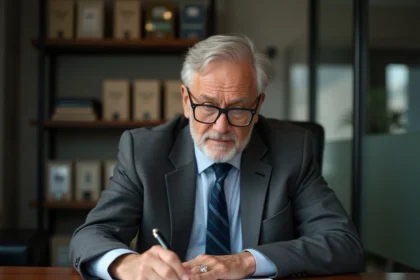 Analyste financier senior examinant l'historique boursier de Fifth Street Finance Corp sur des rapports imprimés dans un bureau corporatif