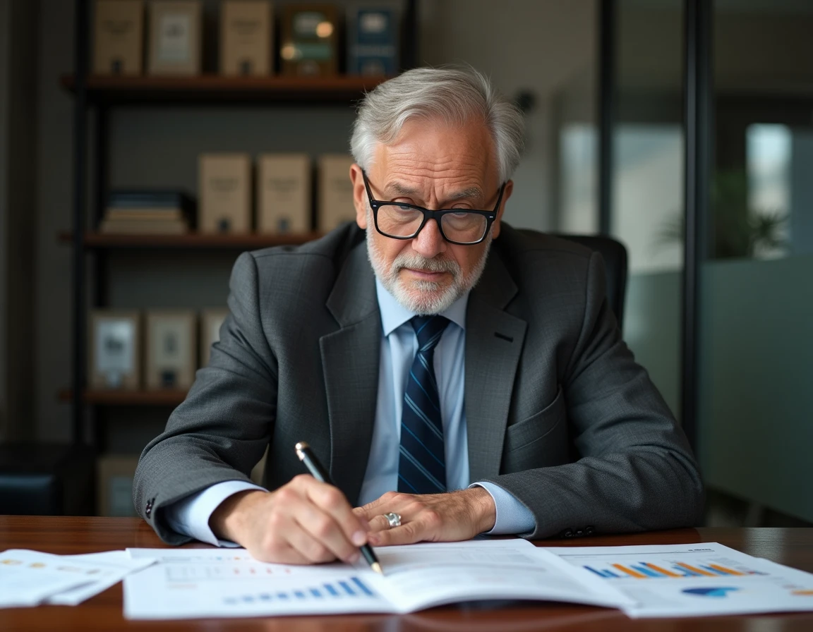 Analyste financier senior examinant l'historique boursier de Fifth Street Finance Corp sur des rapports imprimés dans un bureau corporatif