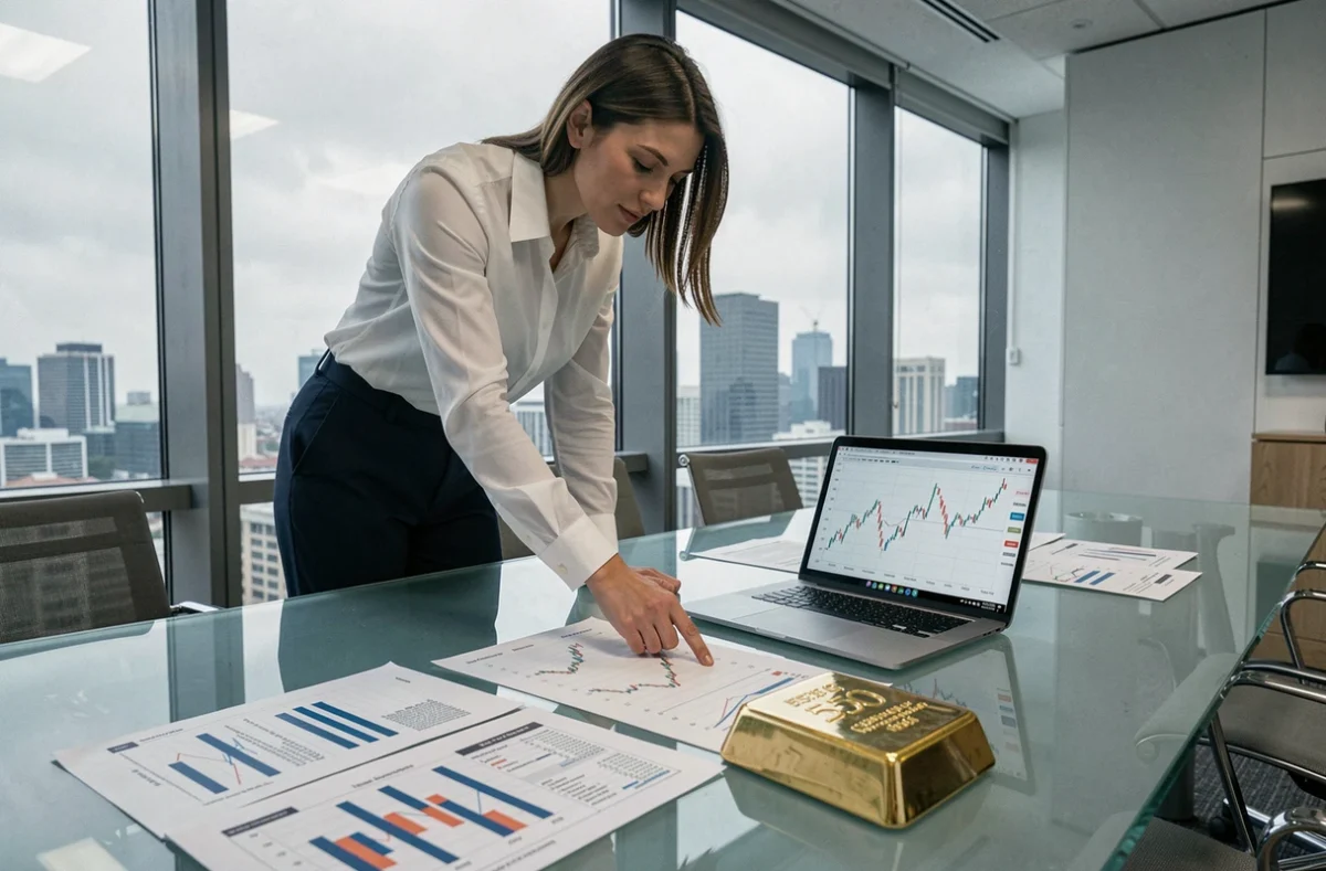 Femme analyste financière debout près d'une table de réunion avec lingot d'or 250g et graphiques de simulation de prix 2026