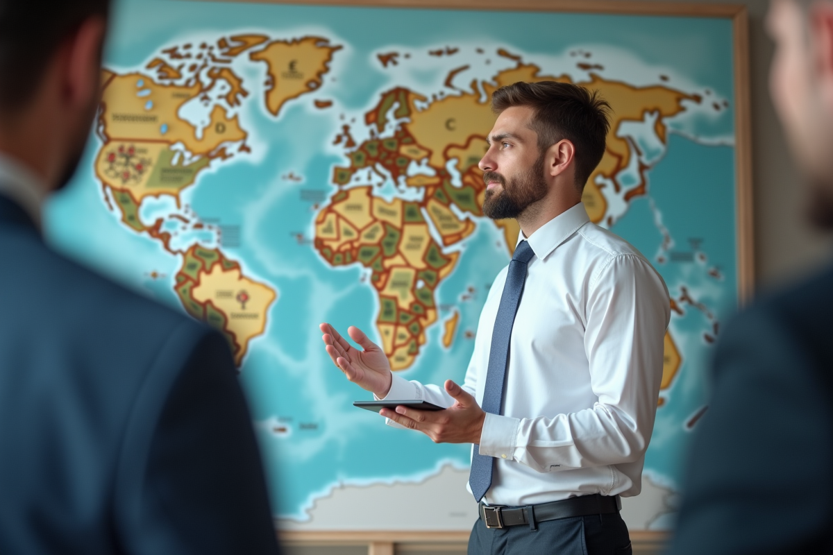 Jeune analyste financier devant une carte du monde