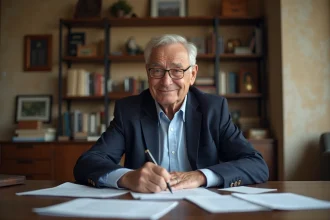 Ancien maire en costume dans son bureau à domicile