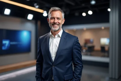 Animateur de télévision en costume bleu marine dans un studio de télévision moderne, illustrant le salaire des stars du petit écran
