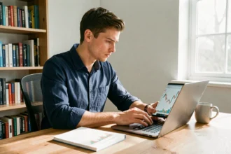 Jeune homme apprenant à trader en ligne sur un ordinateur portable dans un bureau à domicile organisé