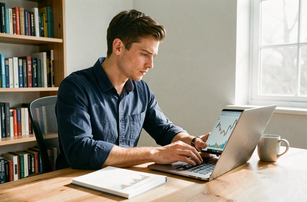 Jeune homme apprenant à trader en ligne sur un ordinateur portable dans un bureau à domicile organisé