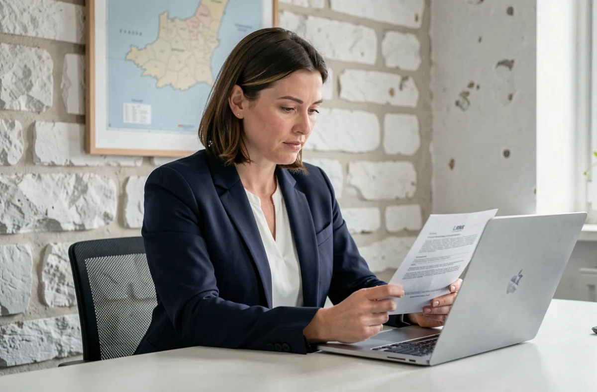 Une conseillère en assurance emprunteur bretonne analysant un contrat sur son ordinateur dans un bureau épuré