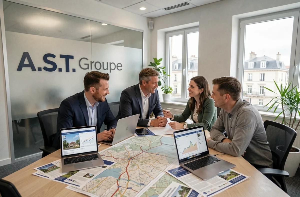 Équipe de conseillers d'A.S.T. Groupe réunis autour d'une table de travail avec des plans immobiliers de la Loire