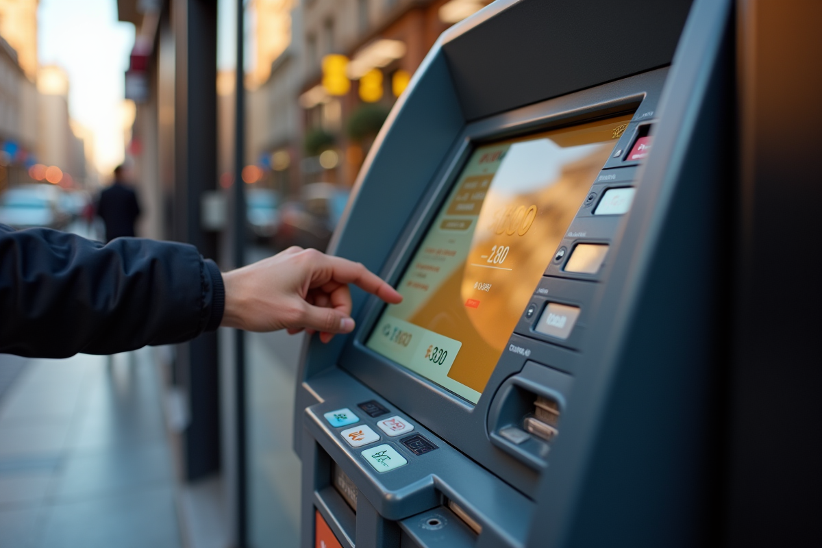 Gros plan d un distributeur automatique avec un écran Bitcoin vers euro en ville