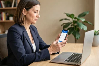 Femme professionnelle utilisant l'authentification forte sur l'application bancaire Filibanque CIC depuis son bureau à domicile