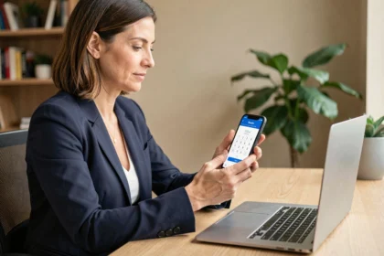 Femme professionnelle utilisant l'authentification forte sur l'application bancaire Filibanque CIC depuis son bureau à domicile