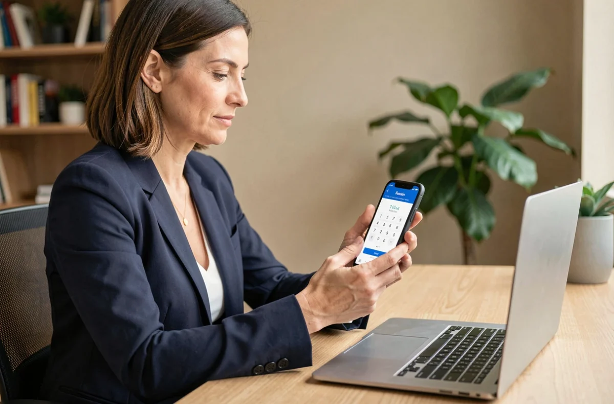 Femme professionnelle utilisant l'authentification forte sur l'application bancaire Filibanque CIC depuis son bureau à domicile