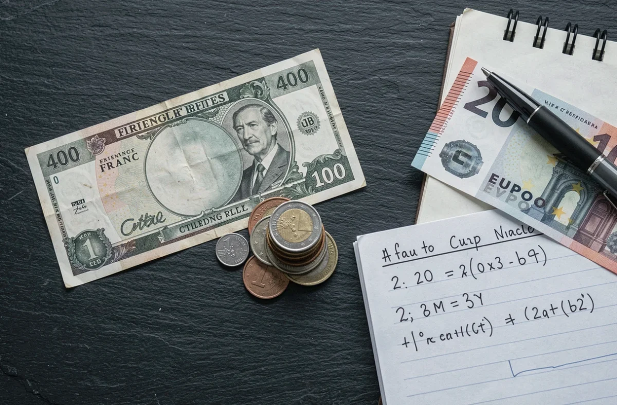 Vue du dessus d'un ancien billet de 400 francs français posé à côté de pièces et billets en euros avec des calculs de conversion