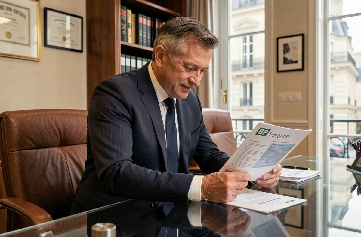 Professionnel de BP Finance analysant un dossier d'investissement locatif dans un bureau financier haut de gamme