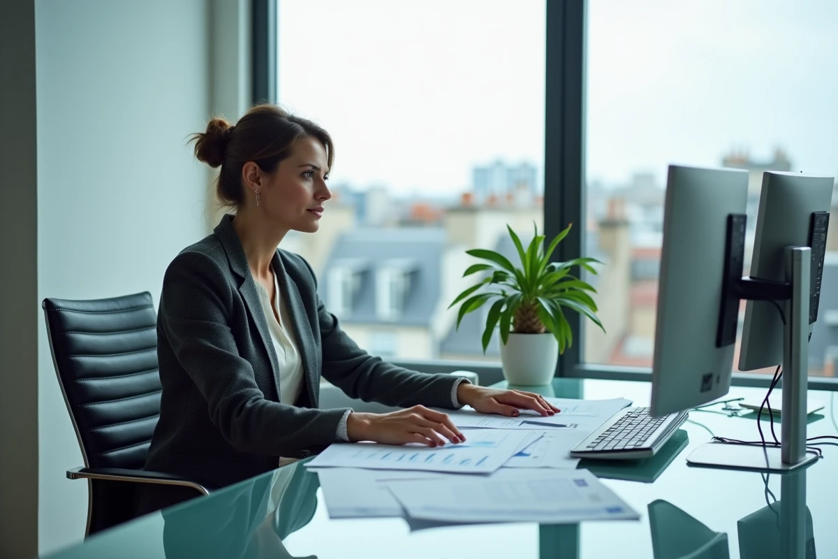Cadre supérieure parisienne dans un bureau en verre avec vue sur la ville, symbolisant les hauts salaires en France