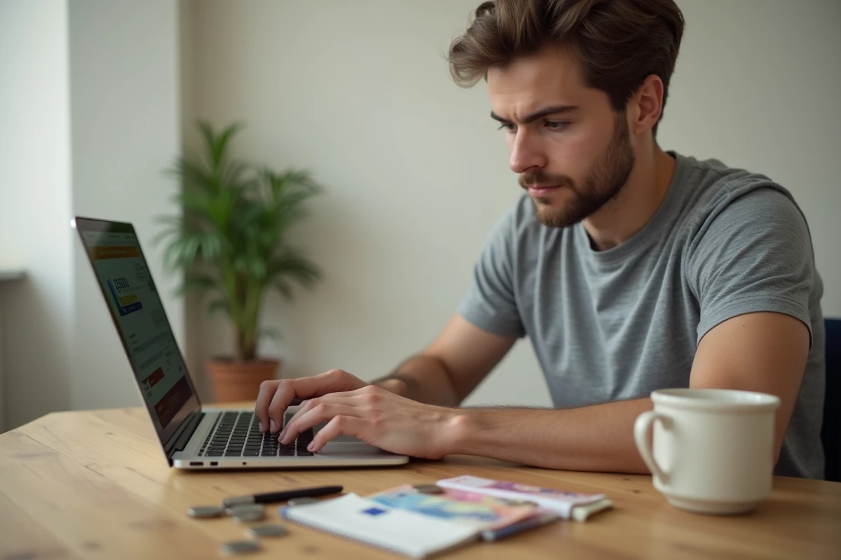Homme utilisant une calculatrice en ligne sur ordinateur portable pour calculer le rendu de monnaie avec des billets et pièces posés sur un bureau