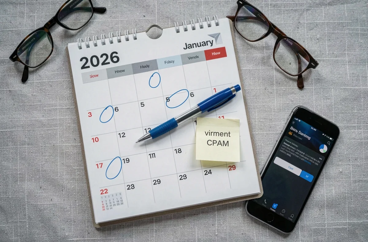 Calendrier 2026 avec dates de paiement de pension entourées et note rappelant un virement CPAM