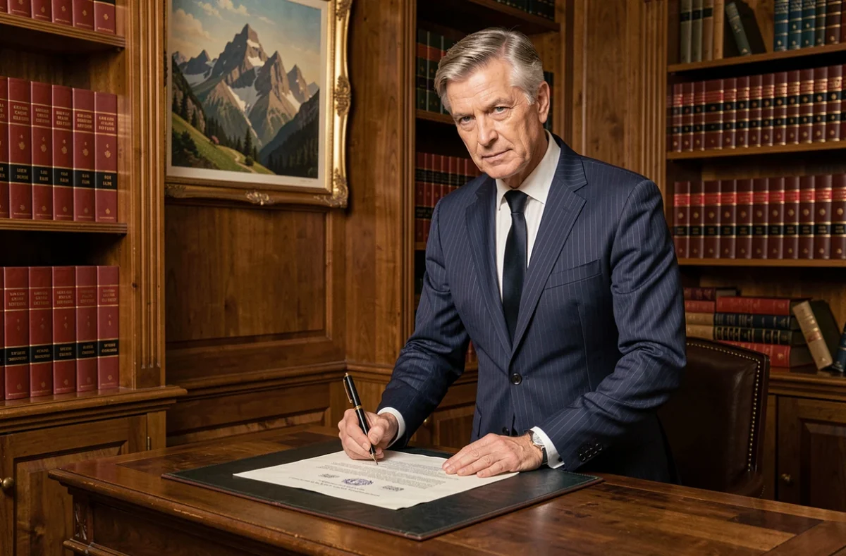 Charles Combey notaire dans son étude traditionnelle signant un acte notarié avec des ouvrages juridiques en arrière-plan