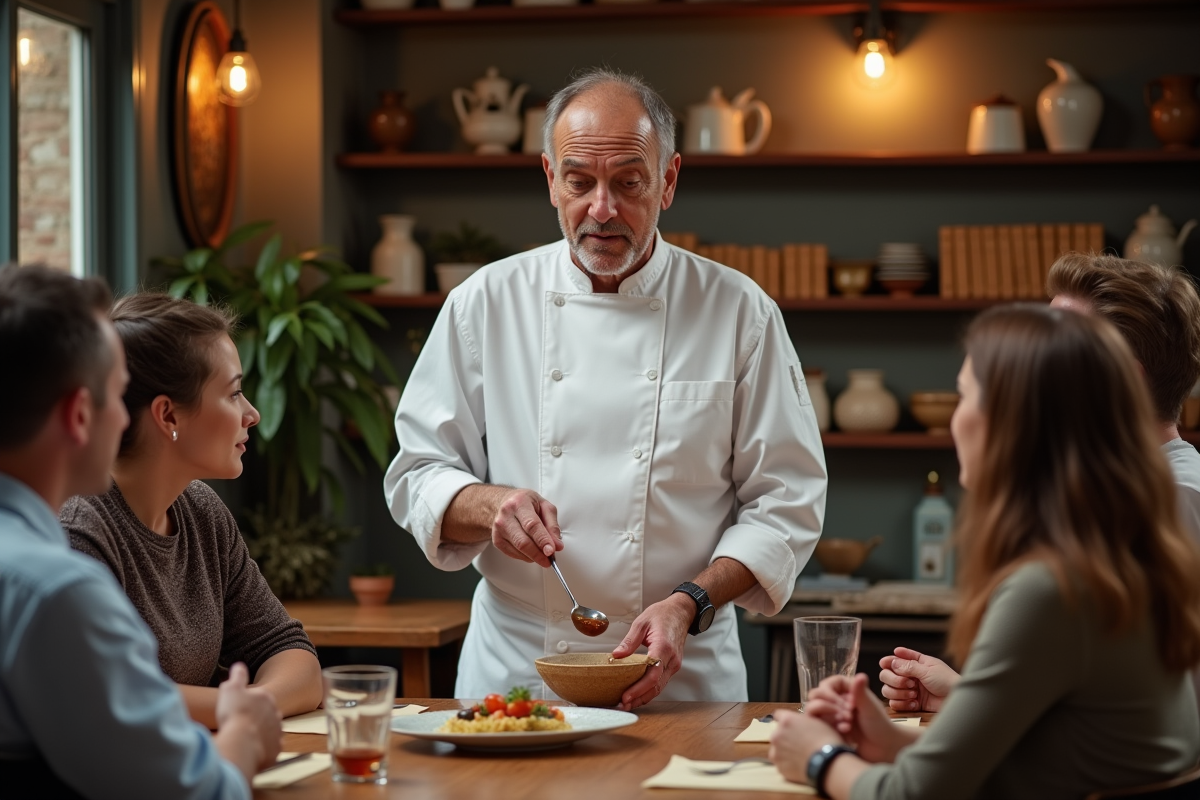 Chef français enseignant la préparation de sauces à des étudiants