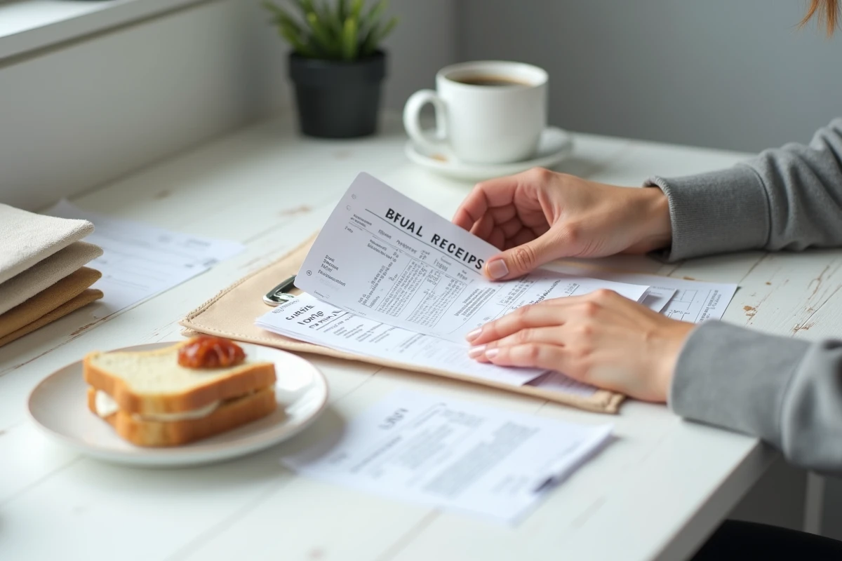Mains féminines classant des reçus de repas et un guide de déduction fiscale pour le télétravail