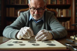 Collectionneur examinant une pièce de 50 Francs 1977 en argent