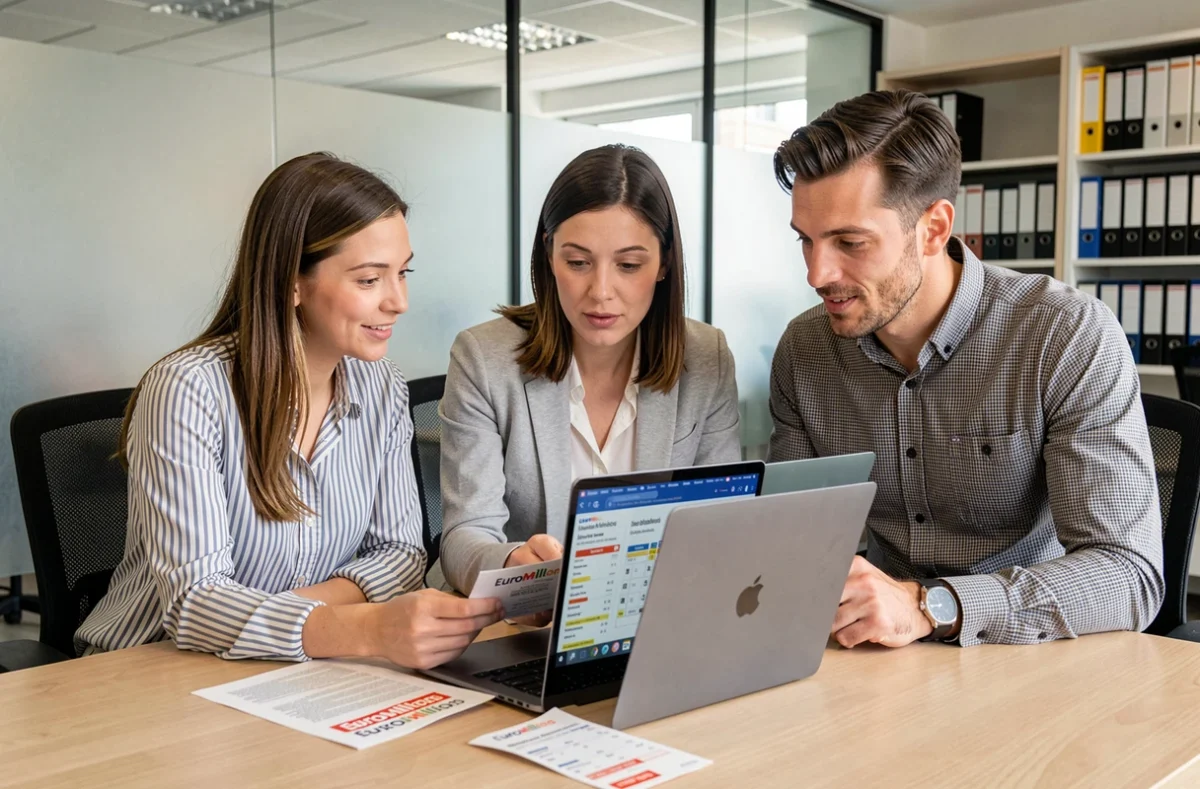 Groupe de collègues comparant leurs chances de gains à l'EuroMillions Étoile+ au bureau