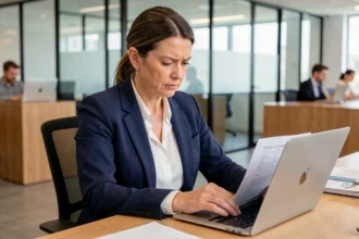 Commerciale professionnelle en blazer marine analysant des documents d'assurance sur ordinateur dans un bureau moderne