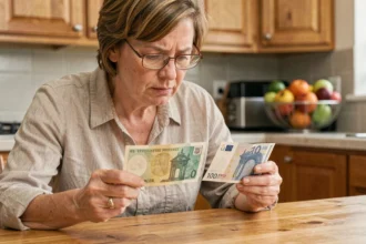 Femme comparant un ancien billet de 400 francs avec des euros modernes sur une table en bois