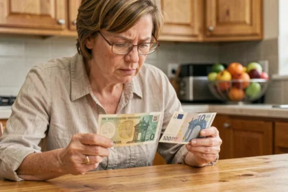 Femme comparant un ancien billet de 400 francs avec des euros modernes sur une table en bois