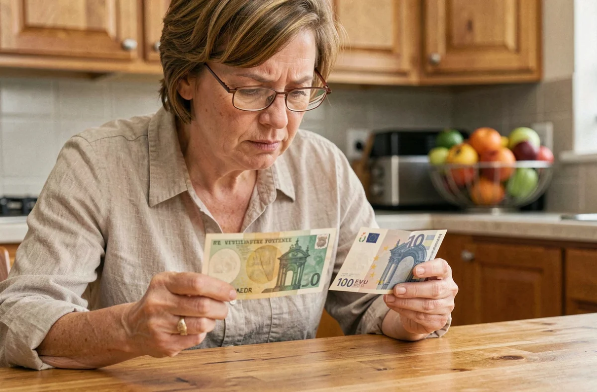 Femme comparant un ancien billet de 400 francs avec des euros modernes sur une table en bois