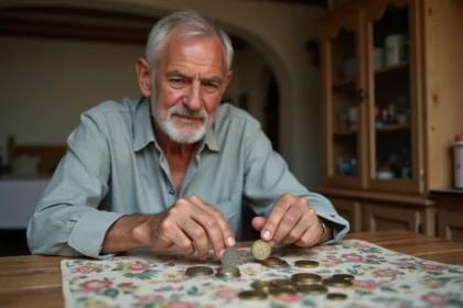 Homme français examinant des anciens francs et des euros sur une table en bois, comparaison de monnaies anciennes et modernes