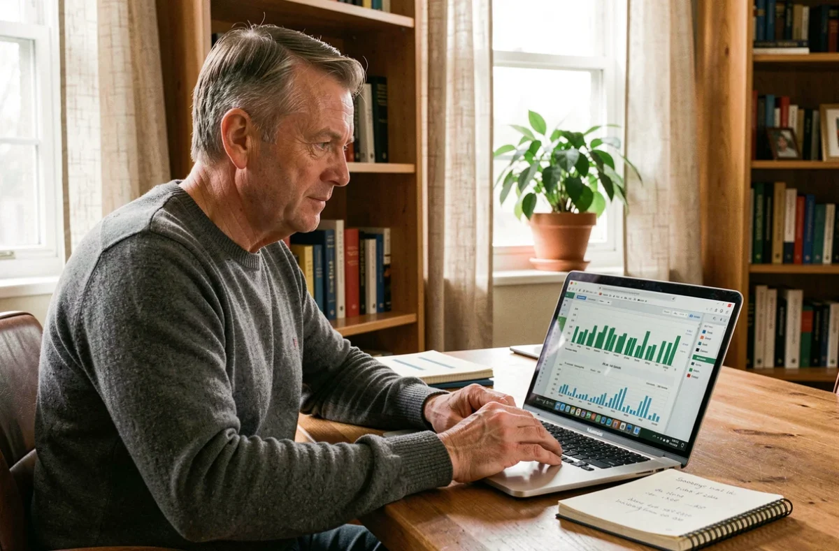 Homme comparant les performances du Livret A et du Quadreto Caisse d'Épargne 2026 sur un ordinateur portable dans un bureau à domicile