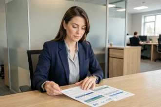 Conseillère bancaire comparant les taux du Quadreto Caisse d'Épargne et du Livret A sur des documents financiers imprimés dans une agence moderne