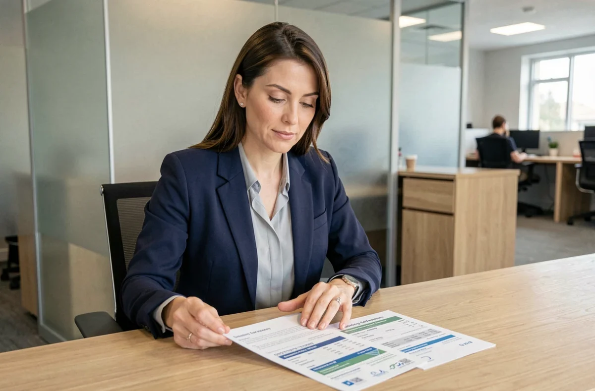 Conseillère bancaire comparant les taux du Quadreto Caisse d'Épargne et du Livret A sur des documents financiers imprimés dans une agence moderne