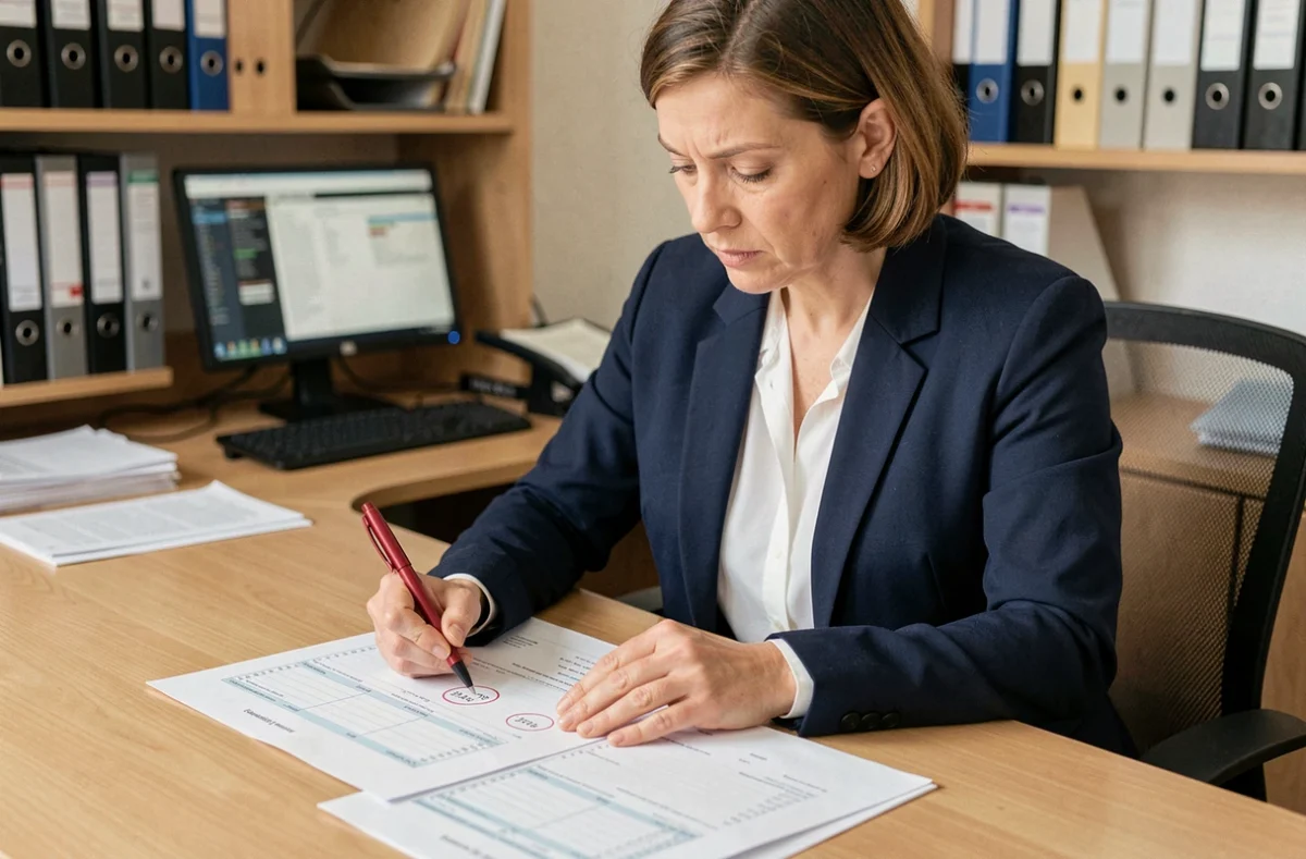 Comptable en blazer marine vérifiant des échéances comptables sur des feuilles de calcul imprimées dans un bureau professionnel