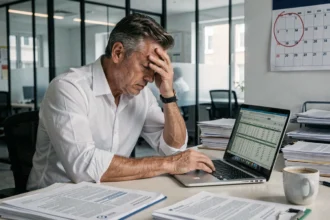 Comptable stressé face à des documents fiscaux en retard sur l'acompte IS à son bureau