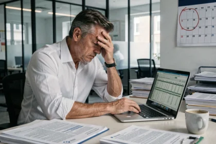 Comptable stressé face à des documents fiscaux en retard sur l'acompte IS à son bureau