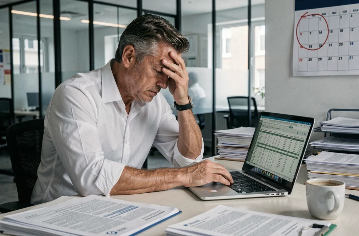 Comptable stressé face à des documents fiscaux en retard sur l'acompte IS à son bureau