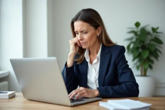 Femme professionnelle frustrée devant son ordinateur portable tentant de se connecter à son espace bancaire privé