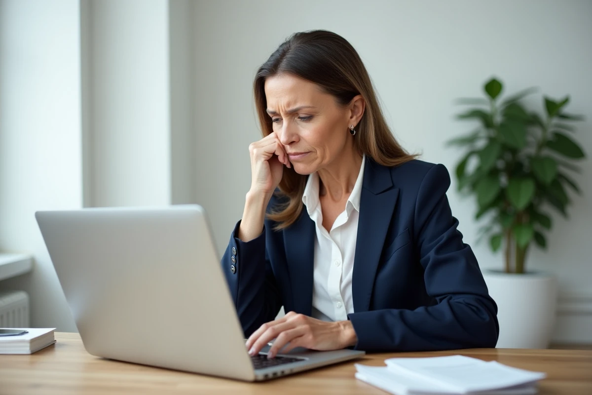 Femme professionnelle frustrée devant son ordinateur portable tentant de se connecter à son espace bancaire privé