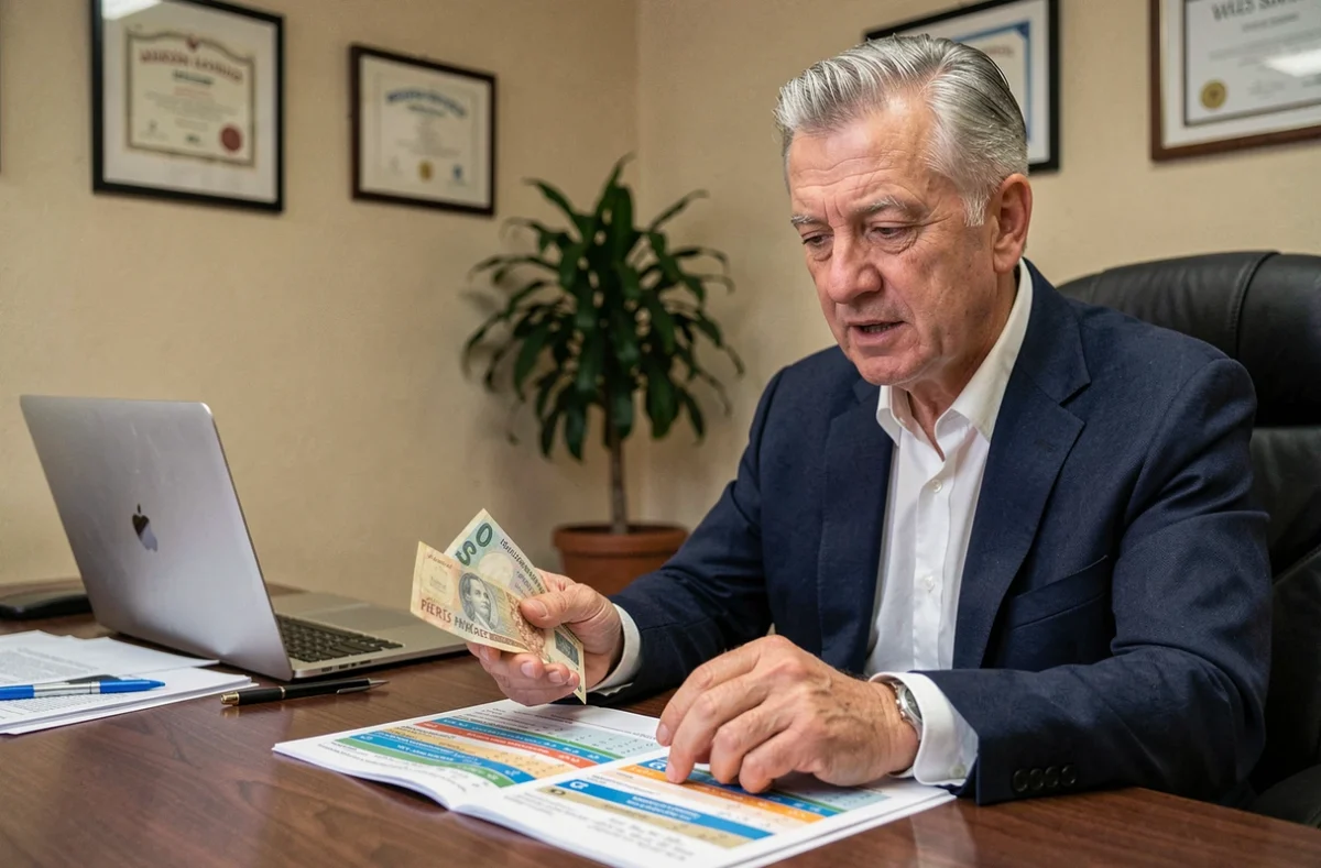 Conseiller bancaire tenant un ancien billet en francs et expliquant la conversion en euros dans un bureau professionnel