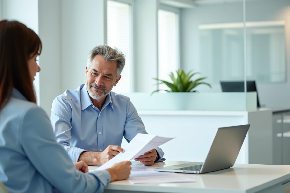 Client et conseiller bancaire discutant du livret A dans une agence moderne