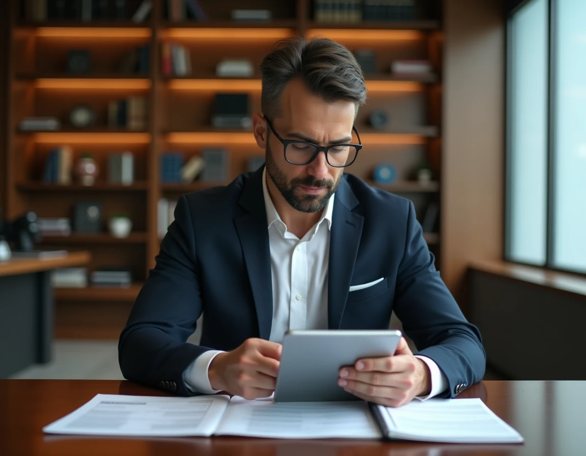 Conseiller financier analysant des documents bancaires pour un avis d'expert sur OLINDA Banque