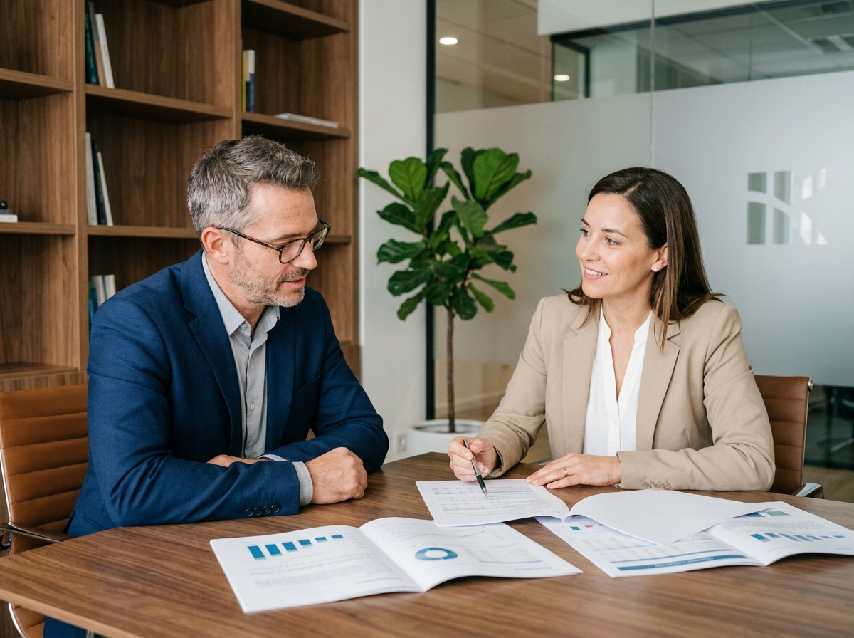 Conseiller en gestion de patrimoine expliquant une stratégie d'assurance décès à un client lors d'un rendez-vous professionnel