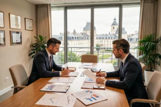 Réunion professionnelle de conseillers en gestion de patrimoine dans un bureau moderne du Centre-Val de Loire avec documents financiers sur table